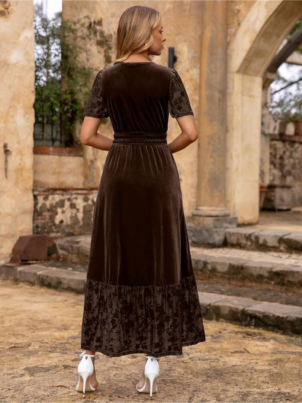 🆕 Women's Brown Short Sleeve V Neck Formal Velvet Empire Waist Maxi Dress - Picture 4 of 6
